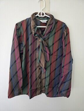 Vintage 1980s Colorful Silky Secretary Blouse Made In Usa